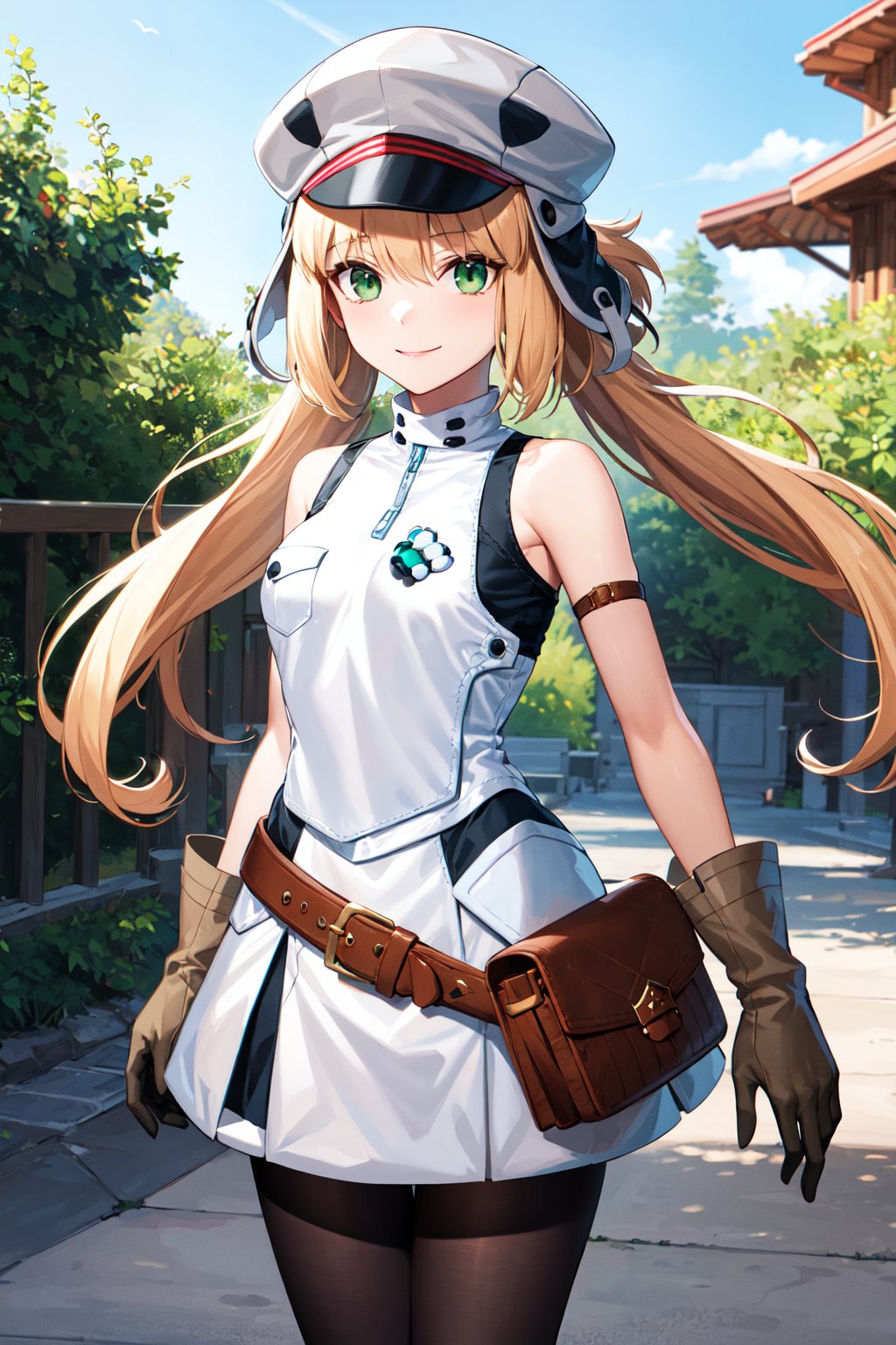 masterpiece, best quality, highres, aacaster, long hair, twintails, ushanka, grey headwear, green eyes, bare shoulders, white shirt, sleeveless dress, brown gloves, brown belt, pouch, black pantyhose, <lora:artoria_caster_(caster)_v1:0.7>, standing, cowboy shot, outdoors, smile