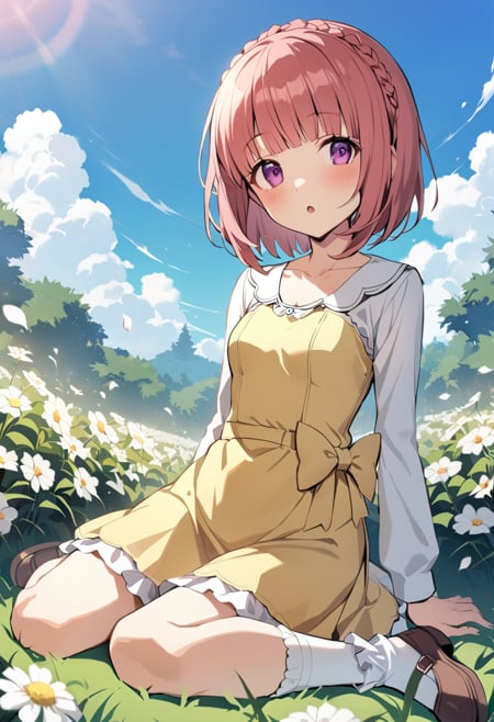 1girl, aikawa aika, purerill, solo, dress, braid, short hair, looking at viewer, purple eyes, sitting, flower, yellow dress, grass, long sleeves, crown braid, arm support, parted lips, pink hair, yokozuwari, white flower, shirt, white shirt, red hair, blunt bangs, bow, :o, pink eyes, collarbone, small breasts, bush, brown hair, outdoors, on ground, eyebrows visible through hair, on grass, full body, frills, jewelry, open mouth, yellow bow, bob cut, frilled dress, outdoors, flower field, blue sky, bobby socks, white legwear,  mary janes, brown footwear,  cloud, masterpiece, best quality <lora:aikawa_aika_sdxl_locon_v1:0.7>