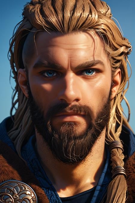 score_9, score_8_up, score_7_up, score_6_up<lora:ACMEivor:1.0>ACMEivor, 1boy, blonde hair, long hair, blue eyes, beard, looking at viewer, simple background, portrait