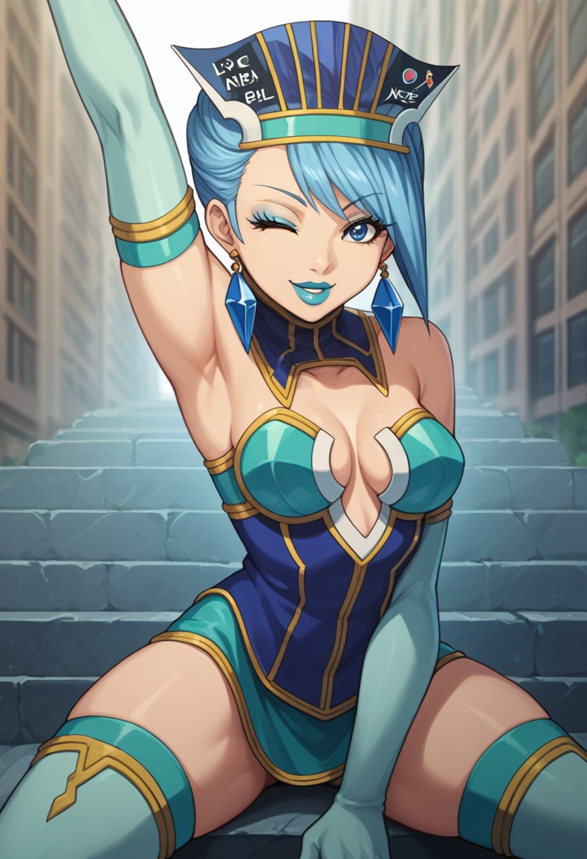 score_9, score_8_up, score_7_up, score_6_up, score_5_up, score_4_up BREAK, source_anime, bluerose, 1girl, solo, thighhighs, crystal earrings, smile, blue hair, jewelry, elbow gloves, lipstick, blue eyes, makeup, cleavage, bare shoulders, short hair, thigh boots, medium breasts, hat, sitting, spread legs, city, one eye closed, arm up, pose, thighs, thick thighs, legs  <lora:bluerose-000005:1>