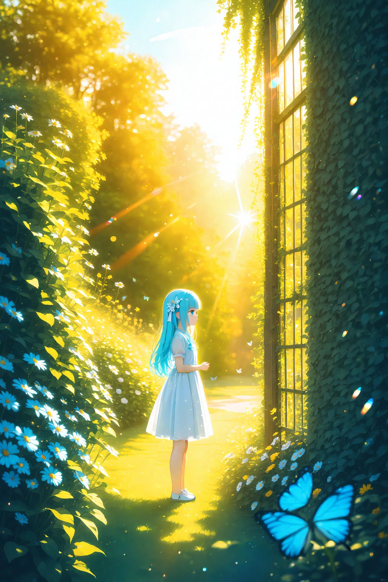 masterpiece,best quality,high quality,(colorful),1girl,loli,wide shot,(depth of field),global illumination,soft shadows,backlight,lens flare,((colorful refraction)),((cinematic lighting),looking outside,with butterfly,1girl with lightblue long hair and blue aqua eyes,hair flowers,hime cut,sunlight,blurry background,blurry,garden,White Dress,