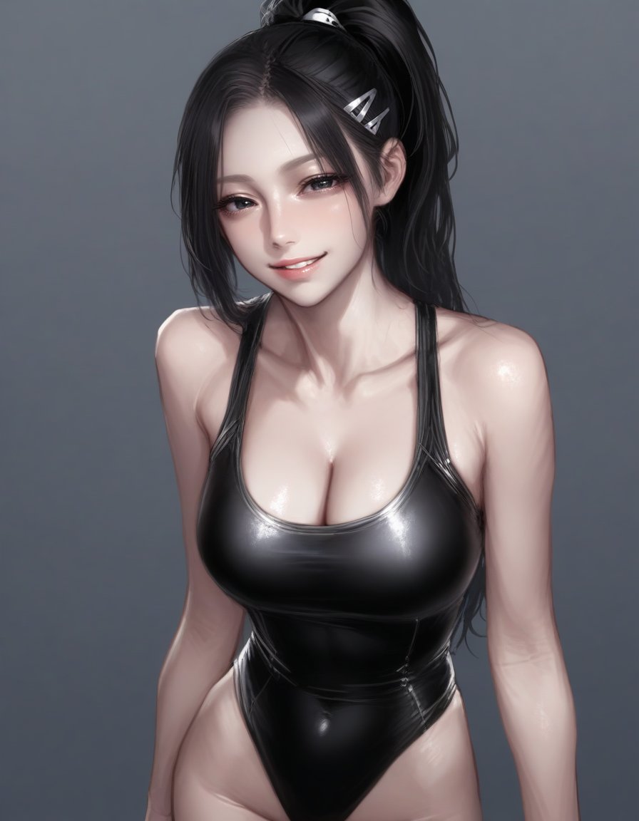 1girl, athletic leotard, bare arms, bare shoulders, black eyes, black hair, black leotard, breasts, cleavage, collarbone, cowboy shot, grin, hair ornament, hairclip, half-closed eyes, large breasts, leotard, lips, long hair, looking at viewer, pale skin, ponytail, smile, solo, teeth 