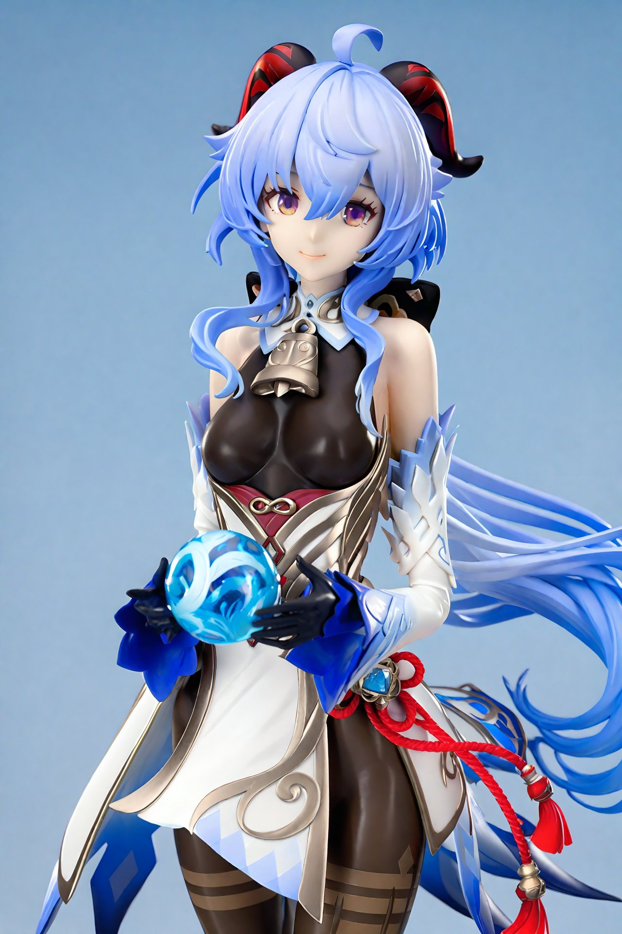 masterpiece,Realism,best quality,PVC Style, 1girl, ganyu \(genshin impact\), solo, horns, blue hair, orb, long hair, detached sleeves, gloves, bell, ahoge, breasts, looking at viewer, bare shoulders, smile, black gloves, purple eyes, medium breasts, sidelocks, neck bell, bodystocking, white sleeves, blue background,  <lora:HANS-PVC22-000021:1>