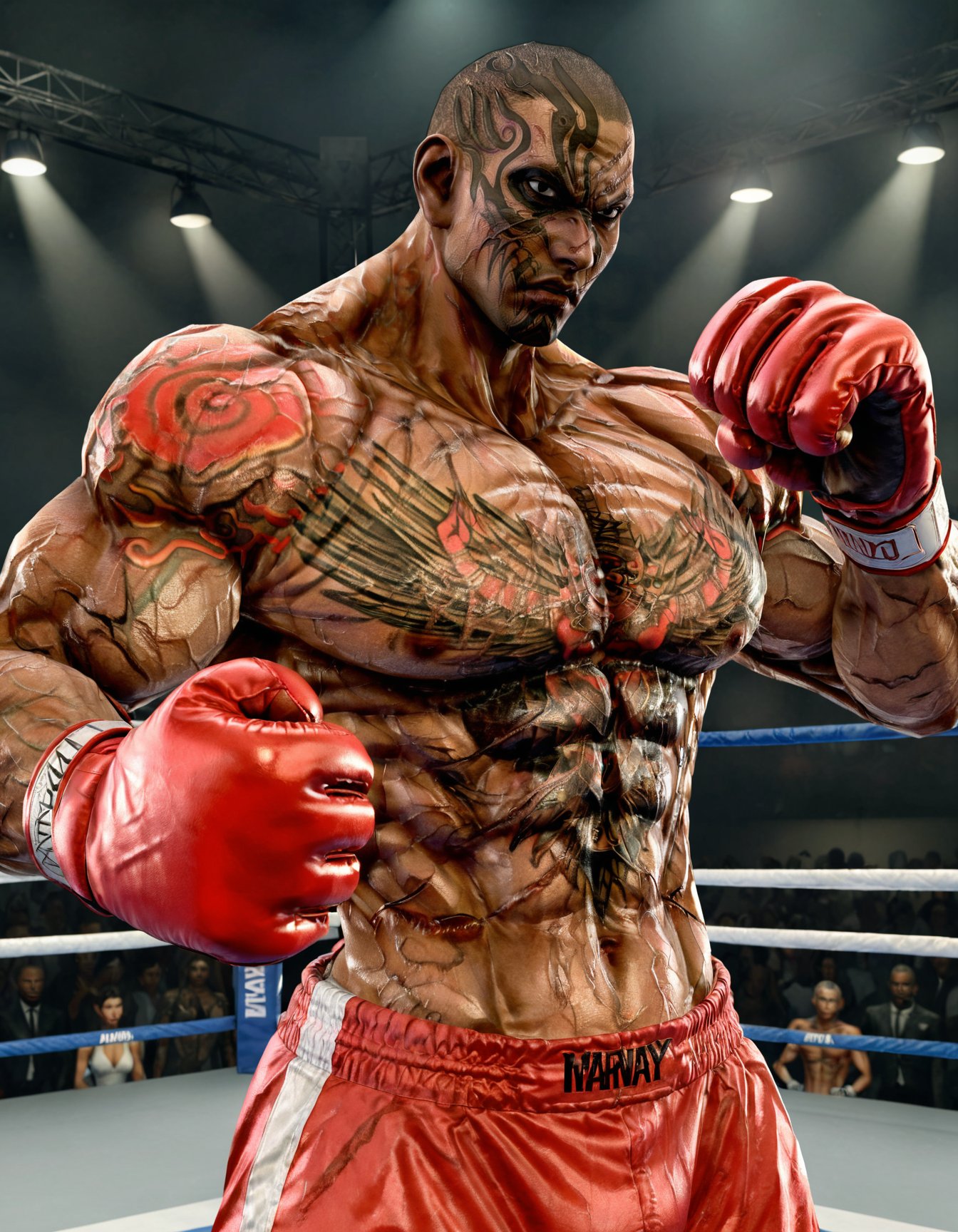 anatomically correct, solo, fahkumramsd, scar, tattoo, very dark skin, dark-skinned male, muscular, bodybuilder, huge pectorals, huge biceps, shiny skin, |  zPDXLxxx, red boxing gloves, boxing pants, muay thai, fighting stance<lora:Fahkumram-T5kagALM:1>