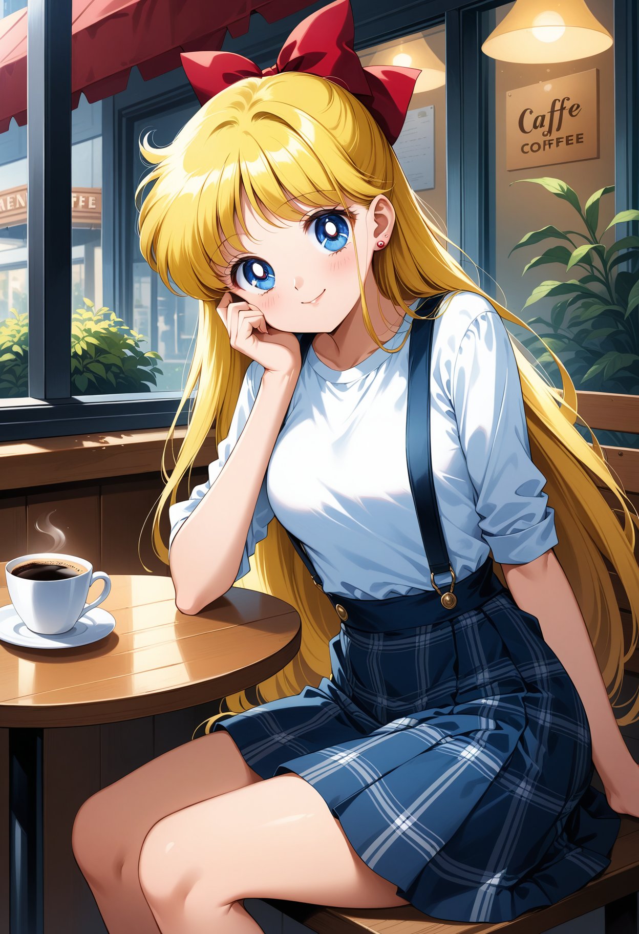 (masterpiece, best quality, very aesthetic, ultra detailed), intricate details, 4k, aavenus, long hair, blonde hair, hair bow, earrings, blue eyes, <lora:sailor_venus_animaginexl_v2:0.9>, casual, miniskirt, suspender skirt, plaid skirt, sitting, cafe, table, coffee, cup, smile, hand on own face,