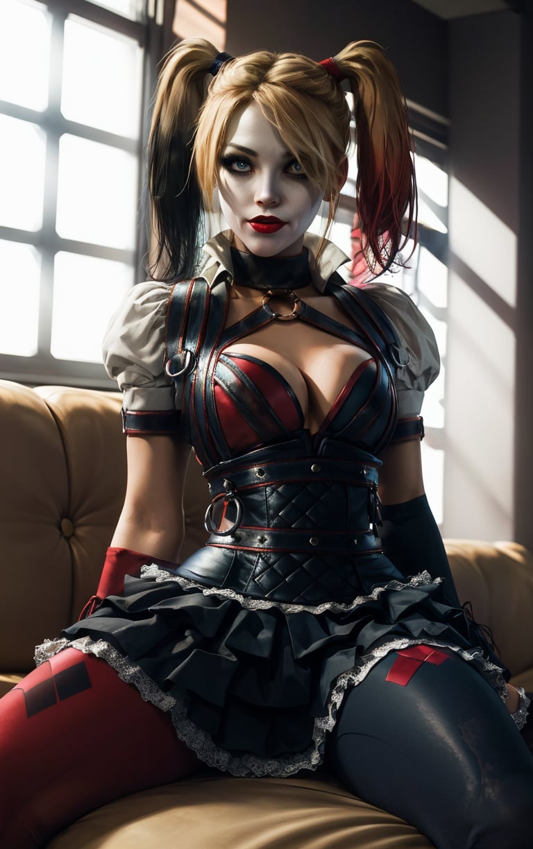 (masterpiece, best quality:1.4), insaneres, absurdres, solo, looking at viewer, BREAK GAME_ArkhamKnight_HarleyQuinn_ownwaifu, 1girl, blonde hair, twintails, breasts, makeup, multicolored hair, lipstick, large breasts, blue eyes, red lips, hair over one eye, eyeshadow, short twintails, two-tone hair, cleavage, skirt, pantyhose, choker, asymmetrical legwear, uneven legwear, gloves, mismatched legwear, puffy sleeves, detached sleeves, o-ring, frilled skirt, corset, thighhighs, frills, short sleeves, puffy short sleeves, (sitting, spread legs), arms behind back, couch, window shade, indoors, <lora:GAME_ArkhamKnight_HarleyQuinn_ownwaifu:0.95> , depth of field ,