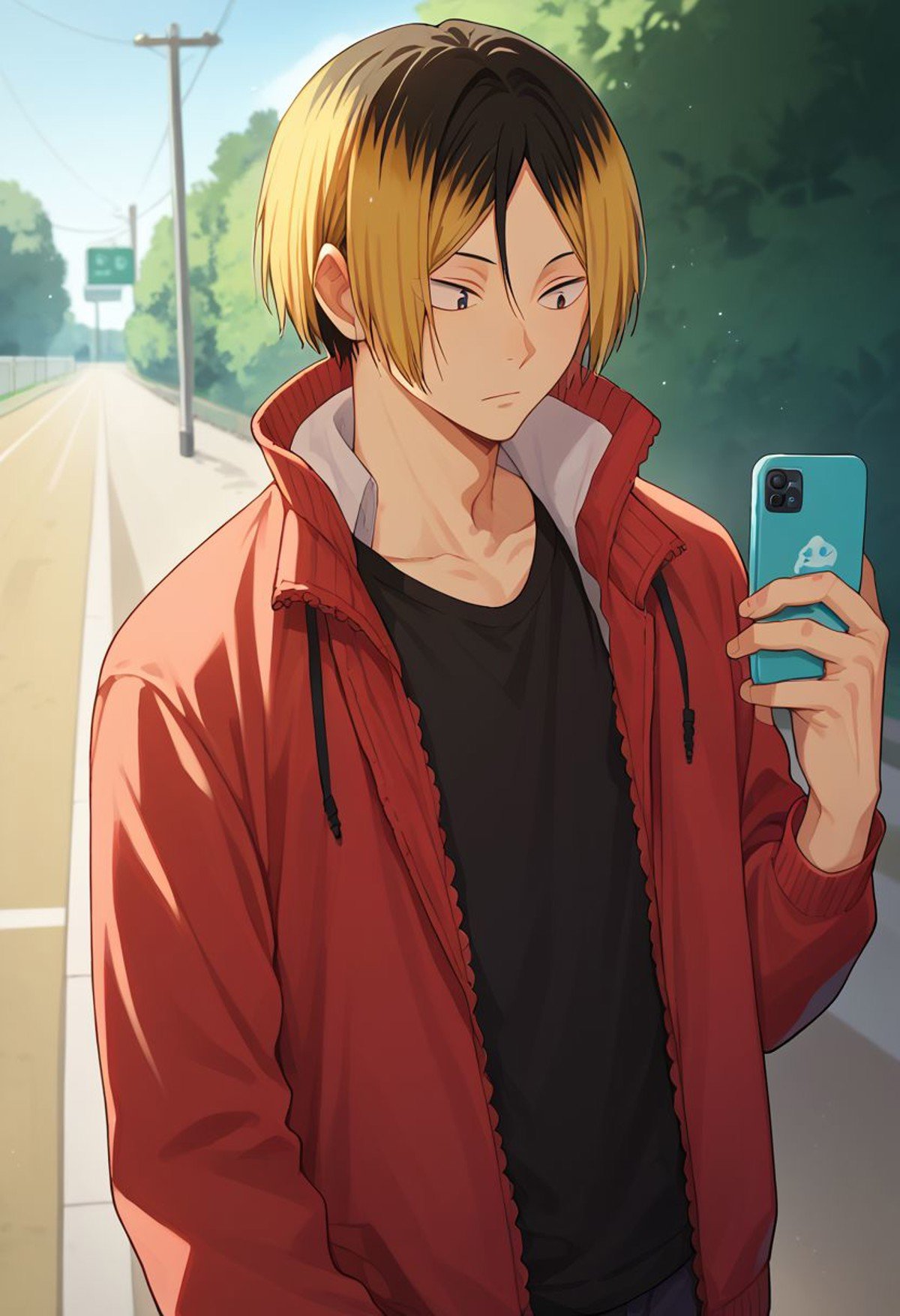 score_9, score_8_up, score_7_up, source_anime, highly detailed, kenma, 1boy, male focus, multicolored hair, phone, cellphone, blonde hair, solo, two-tone hair, smartphone, black hair, jacket, track jack,outdoor, 