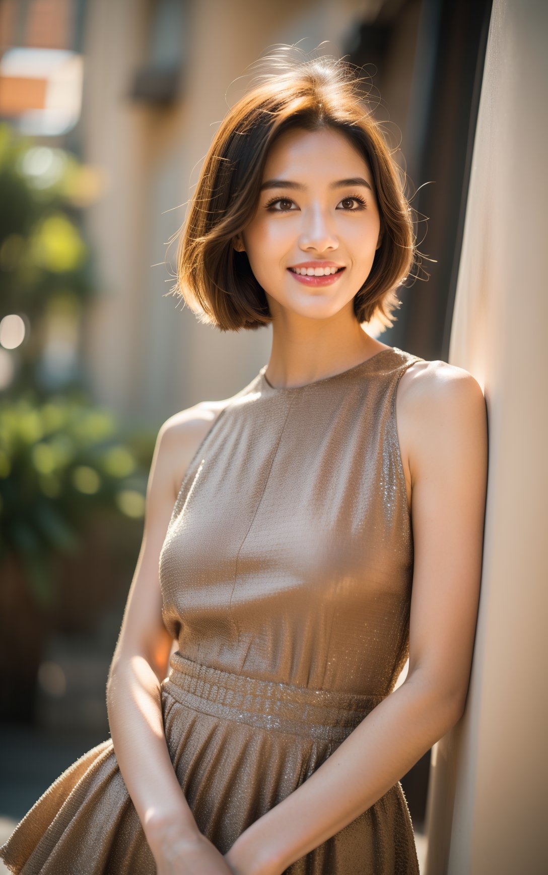 A model walks on the city stage,embroided_dress,posh_dress,posh_pants,printed_dress,summer_dress,summer_skirt,Best quality,masterpiece,ultra high res,(photorealistic:1.4),Dramatic lighting,Fujifilm XT3,(intricate details:1.12),(hdr:1.4),(intricate details)(muted colors),35mm,80mm,epic realistic,best quality,RAW photo,realistic,skin pores,(high detailed skin:1.2),dslr,film grain,hyperdetailed,(natural skin texture, hyperrealism, sharp:1.2),(muted colors),(rutkowski:0.66),cgi,symetrical,(neutral colors:1.2),(hdr:1.4),(muted colors:1.2),hyperdetailed,(artstation:1.4),cinematic,complex background,sharp,exposure blend,medium shot,bokeh,(soft light),warm lights,dramatic light,soft light,high contrast,(cinematic, teal and orange:0.85),cgi,Camera facing,Happy smile,Weak Chin,Medium Length Layered Bob Hairstyle,Peplum top and skinny jeans,Grateful facial expression,Tapered square face,Full Lips,Commissure Lips,