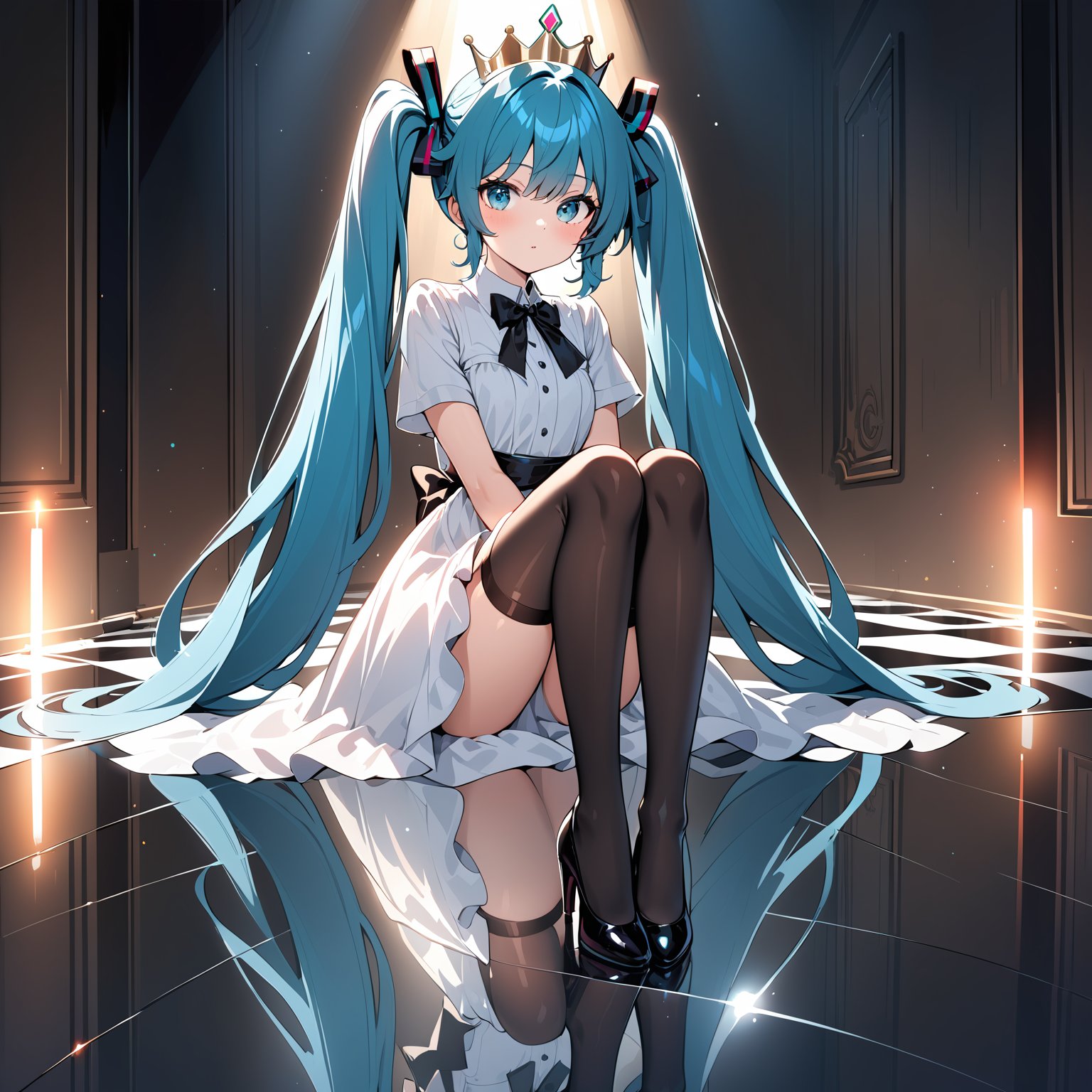 1girl,solo,long hair,looking at viewer,blue eyes,thighhighs,dress,ribbon,twintails,sitting,very long hair,blue hair,full body,flower,short sleeves,black thighhighs,white dress,aqua eyes,black ribbon,aqua hair,crown,checkered floor,hatsune miku,(masterpiece),(best quality),illustration,ultra detailed,hdr,Depth of field,(colorful),(reflection light),incredibly absurdres,(Movie Poster),clear boundaries of the cloth,