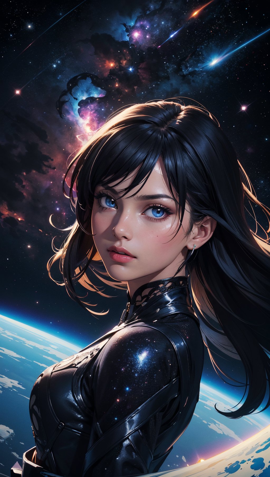 (masterpiece, best quality, highres, high resolution:1.2),extremely detailed,realistic,intricate details,1girl,solo,looking at viewer,(abstract art:1.3),(dark theme:1.2),art,stylized,deep shadow,dark theme,cosmic dress,cosmic beauty,in space,nebula,(cinematic lighting, bloom, volumetric),(close portrait photo),