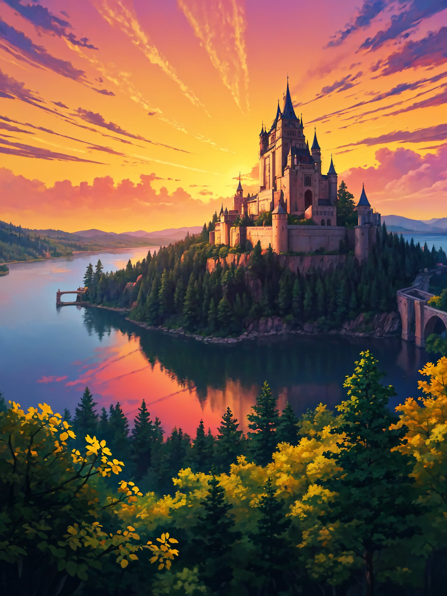 masterpiece, best quality, highres, extremely detailed, (cg illustration),((scenery, a european castle on a hill by a lake)), trees, summer leaves, mountains in far background, yellow color, red color, sunset, ((painterly, depth of field)), fine details, authentic, wide shot, medium shot,(sharp, cel shading), outline, dynamic lighting, toon \(style\), fantasy, baroque, traditional media, impressionism, <lora:add_detail:0.3>,