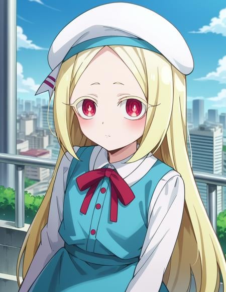 score_9, score_8_up, score_7_up, source_anime,morinokorisu, <lora:morino-korisu-ponyxl-lora-nochekaiser:1>morino korisu, long hair, blonde hair, red eyes, very long hair, bright pupils,shirt, long sleeves, hat, dress, white shirt, pantyhose, shoes, blue dress, beret, white headwear, red footwear, mary janes,outdoors, cityscape,looking at viewer, dutch angle, cowboy shot