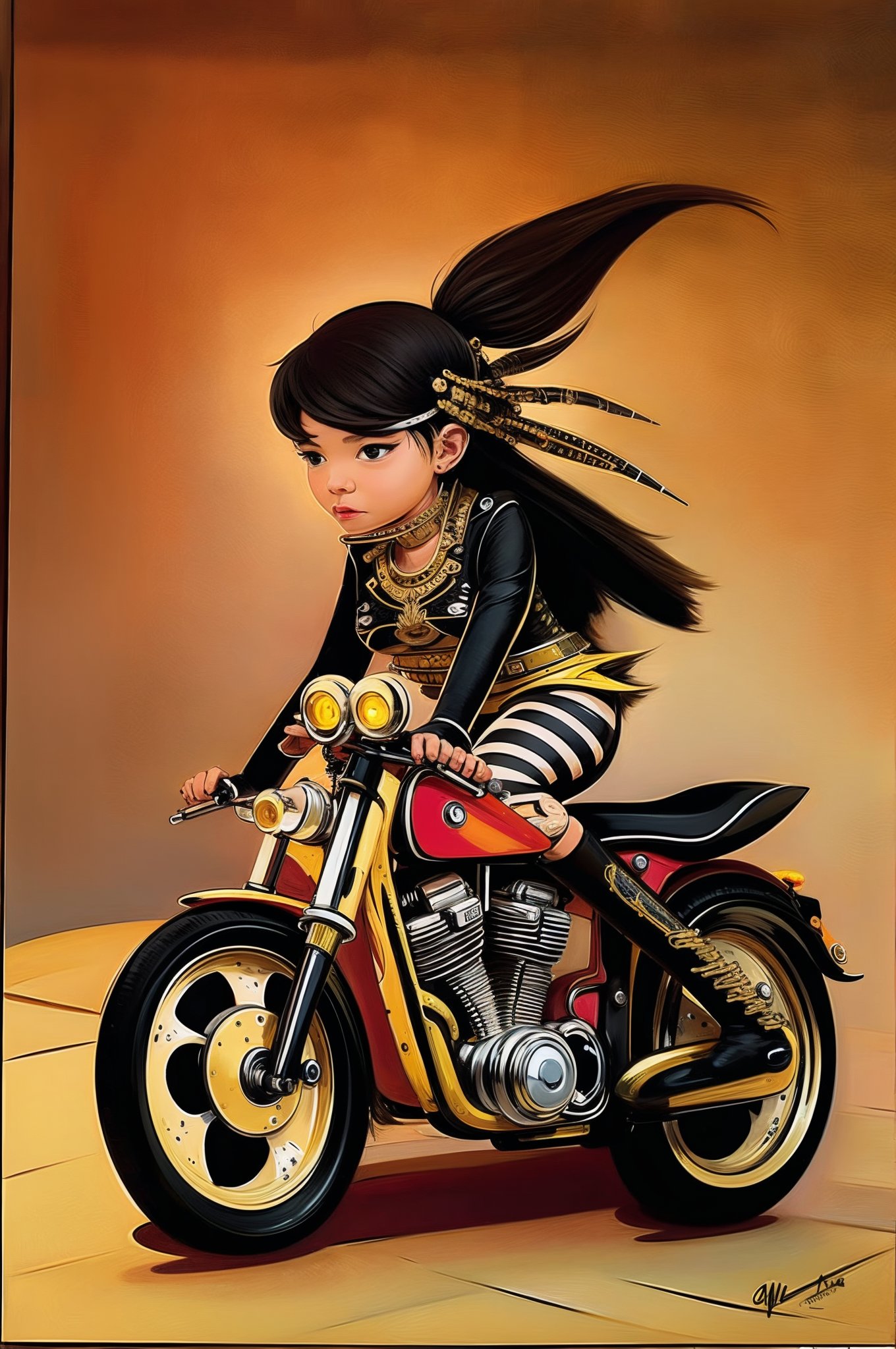 a painting,a cool punk girl riding a 1 golden harley,in a 1 skintight, short punk leather jacket,there are many tattoos,driving in the egyptian desert,surrounded by ancient ruins,riding a harley,punk style,