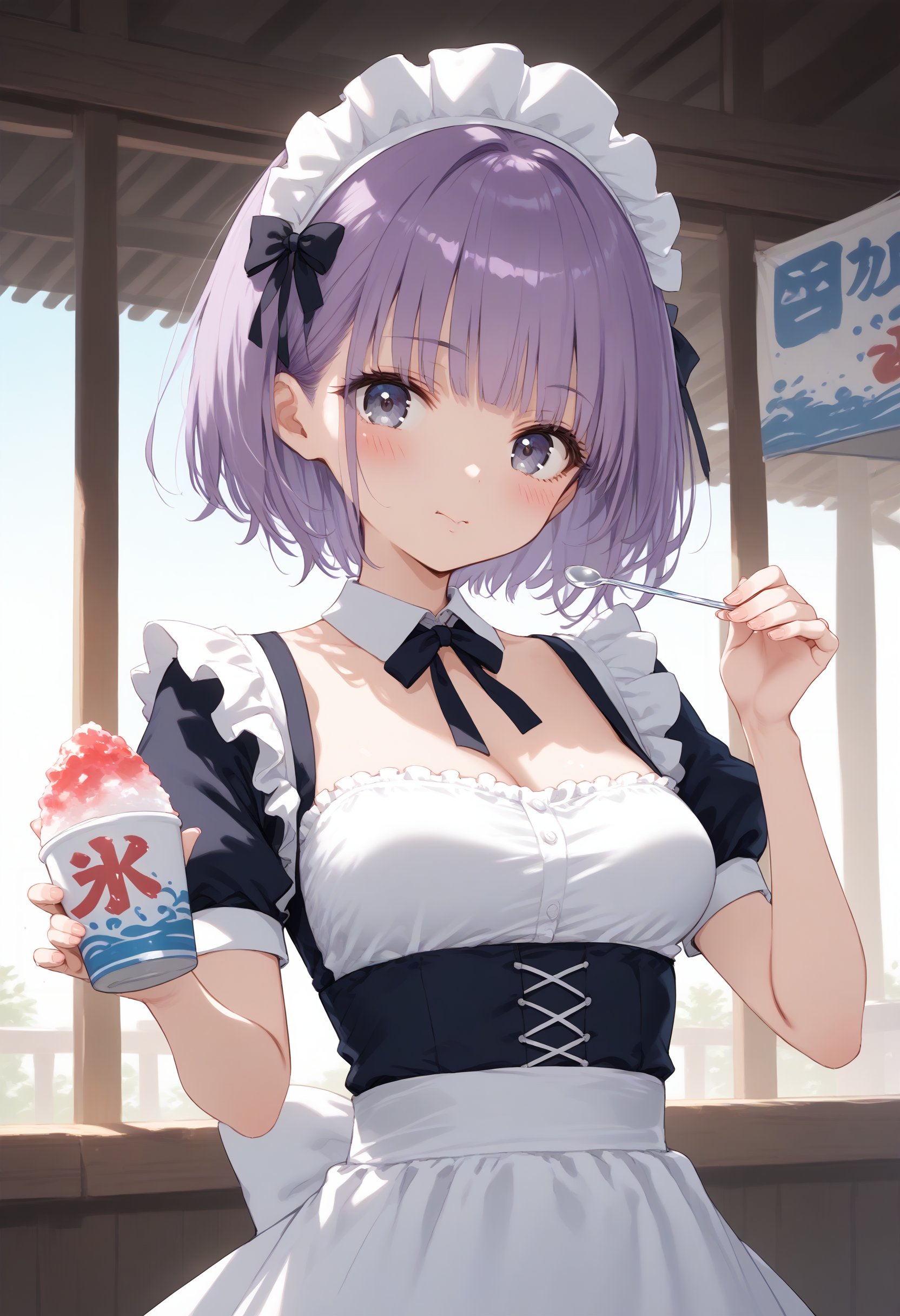 score_9, score_8_up, score_7_up, source_anime,1girl,solo,medium breasts, maid, maid headdress,shaved ice,<lora:shavedice_Pony_v1:0.8>holding drinking straw, spoon straw, eating,dutch angle, panorama shot, looking back, purple hair, silver eyes,blush, dormitory, closed mouth, lightly curled inwards hair,,