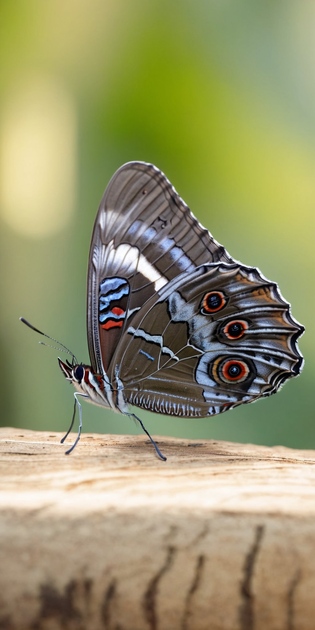 Owl butterfly,sitting,forest,early morning,soft sunlight,no artist,hyperrealistic,photography,highly detailed,natural colors,DSLR,4K,ultra-high-definition,focus,<lora:HMSG微距蝴蝶XL-000010:1>,