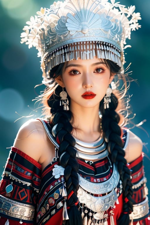 1girl,jewelry,earrings,braid,black hair,solo,hat,long hair,looking at viewer,upper body,lips,red lips,black eyes,traditional clothes,single braid,hair over shoulder,<lora:miaozu_20240524174128:0.8>,