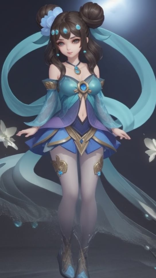 (1girl),smooth chin,masterpiece,detailed face,((hair ornament)),top quality,4k,make up,best quality,medium breasts,(looking at viewer),long legs,double bun,jewelry hair,dress,detached sleeves,ribbon,shawl,light blue skirt,puffy pants,hair rings,hair flower,(wariza),(arms behind back),bangs,jewelry on bangs,<lora:王者 小乔 青蛇SD_v1.0:0.6>,