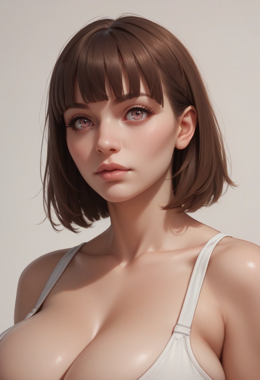 score_9, score_8_up, score_7_up, score_6_up, score_5_up, score_4_up, 1girl, pale skin, gigantic breasts , lips, fringe hair, brown hair, peach eyes, wearingrash guard , upper body, simple background, 