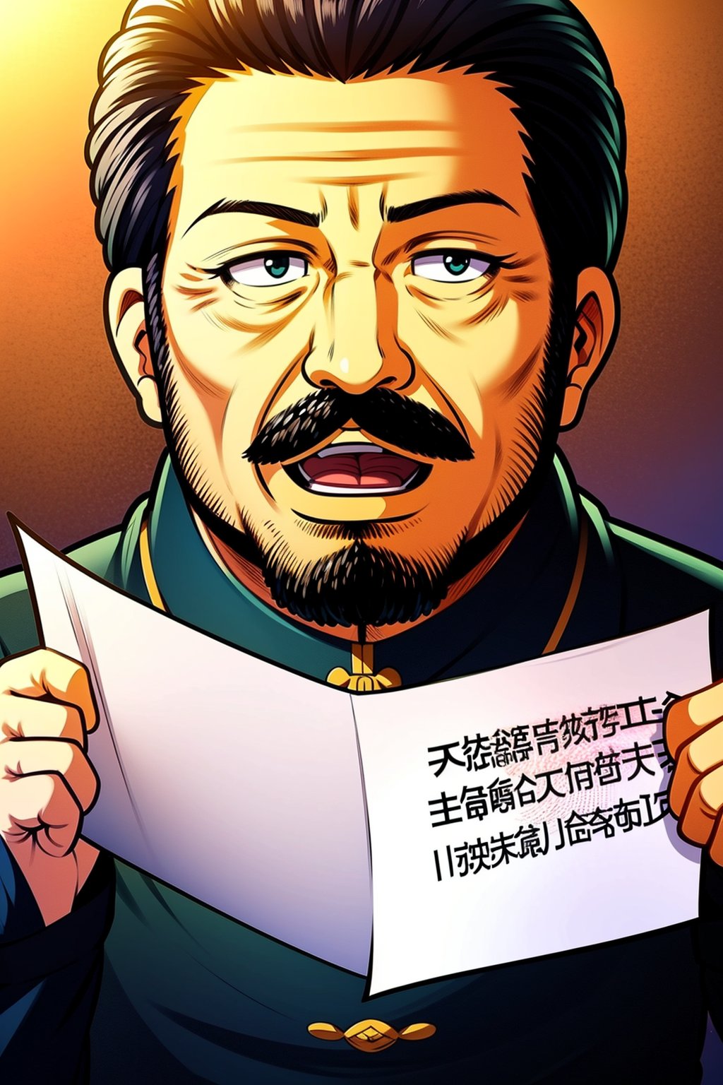 Sanshikongbu,solo,open mouth,black hair,1boy,upper body,male focus,speech bubble,facial hair,beard,paper,mustache,chinese text,holding paper,8K,HDR,high resolution,(Masterpiece :1.3),(best quality :1.2),high quality,high detail,blurry background,