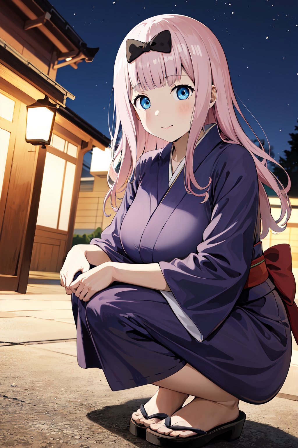 masterpiece, best quality, highres, aachika, long hair, hair bow, <lora:fujiwara_chika_v2:0.7>, yukata, kimono, squatting, outdoors, night