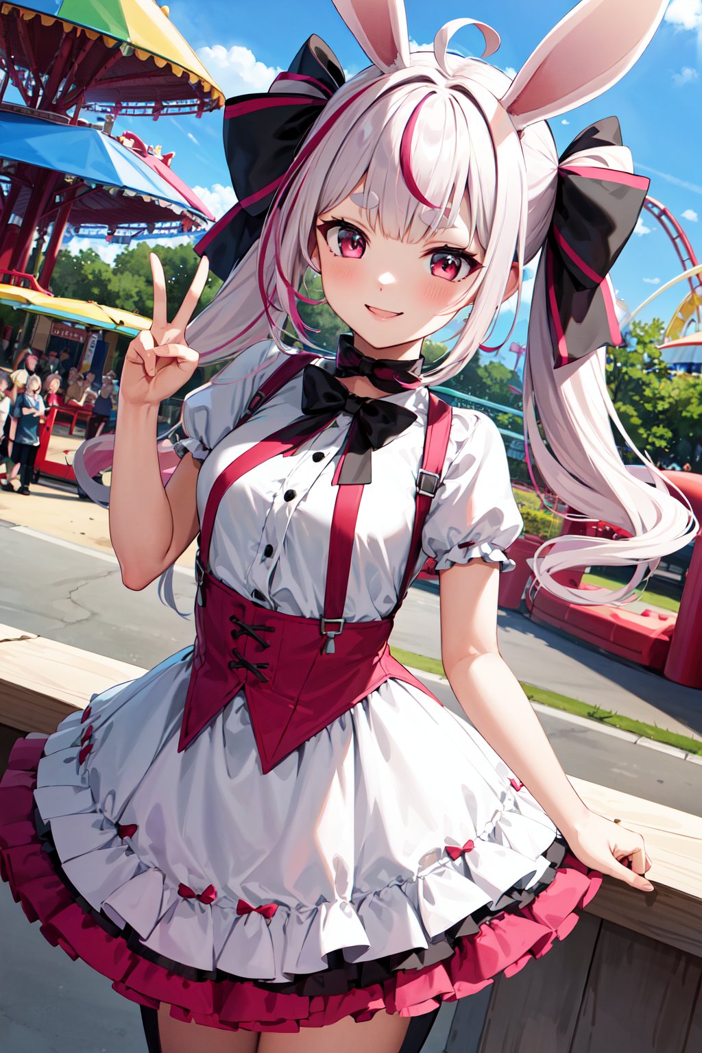 masterpiece, best quality, highres, aatomari, long hair, ahoge, twintails, hair bow, multicolored hair, rabbit ears, thick eyebrows, <lora:tomari_mari_v1:0.7>, dress, suspenders, smile, peace sign, amusement park, 