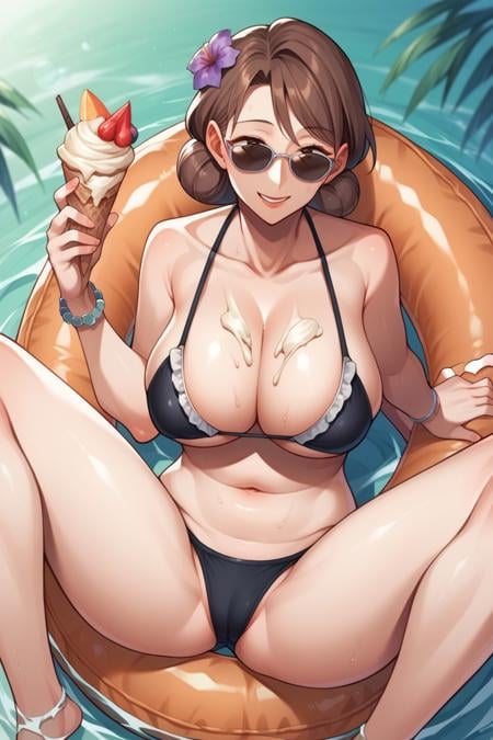 score_9, score_8_up, score_7_up, score_6_up, score_5_up, score_4_up, BREAK <lora:godmilf0719-sdxl-000009:1>, godmilf, 1girl, solo, short hair, single hair bun, breasts, sunglasses, brown eyes, looking over eyewear, blush, smile, navel, cleavage, swimsuit, flower, brown hair, micro bikini, frills, thighs, food, hair flower, spread legs, water, bracelet, fruit, innertube, ice cream, black bikini, parfait, from above, ocean