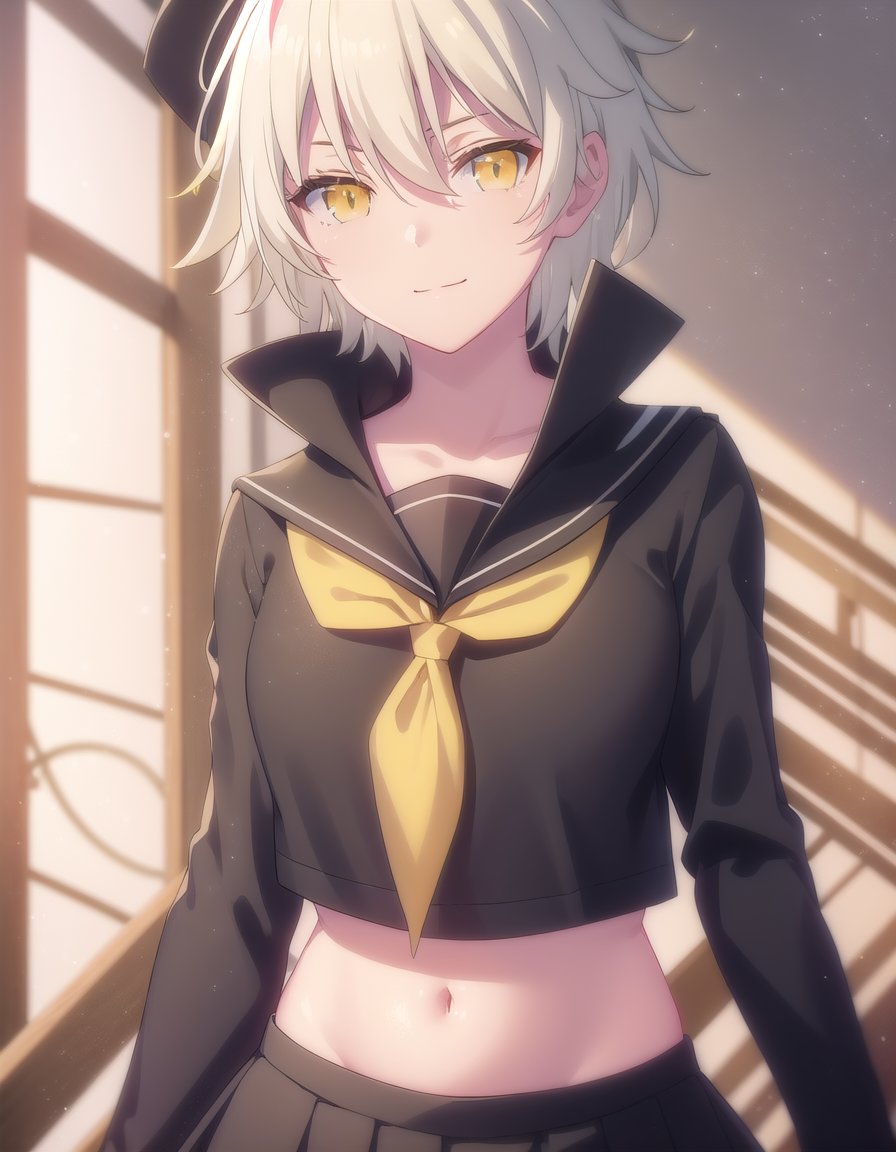 skmiyabi, <lora:sk miyabi s1-lora-nochekaiser:1>,miyabi, bangs, hair between eyes, (yellow eyes:1.3), white hair,BREAK skirt, shirt, long sleeves, navel, school uniform, pantyhose, pleated skirt, necktie, serafuku, midriff, black skirt, sailor collar, black shirt, black sailor collar, (black serafuku:1.2),BREAK indoors, classroom,BREAK looking at viewer, (cowboy shot:1.5), smile,BREAK <lyco:GoodHands-beta2:1>, (masterpiece:1.2), best quality, high resolution, unity 8k wallpaper, (illustration:0.8), (beautiful detailed eyes:1.6), extremely detailed face, perfect lighting, extremely detailed CG, (perfect hands, perfect anatomy),