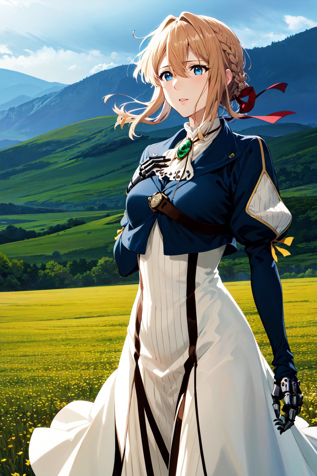 masterpiece, best quality, highres, violet evergarden, braid, hair ribbon, red ribbon, jewelry, white ascot, brooch, blue jacket, long sleeves, mechanical hands, white dress, long dress, <lora:violet_evergarden_v1:0.7>, outdoors, field, hand on own chest, wind, floating hair, standing, cowboy shot,