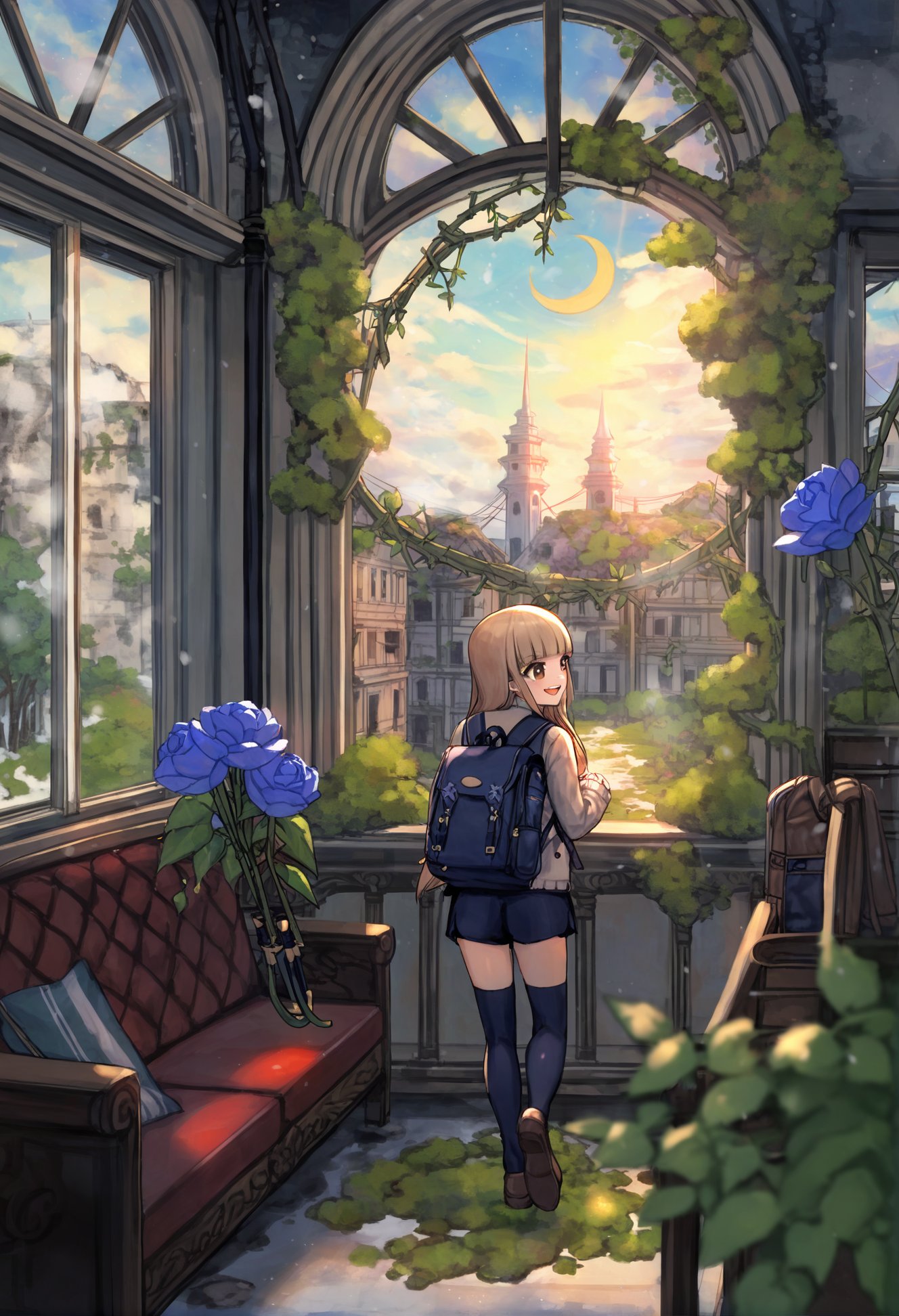 masterpiece, best quality,multiple girls, 2girls,   staff, long hair, brown hair, moon, brown eyes, crescent moon, cloud, blue hair, thighhighs, open mouth, overgrown, solo, sitting, plant, scenery, ruins, indoors, sunlight, shorts, couch, blurry foreground, light rays, blurry, vines, wide shot, depth of field, window, moss, day, barefoot, chair, tree, solo, snow, outdoors, umbrella, snowing, building, scenery, winter, bag, holding, power lines, holding umbrella, backpack, utility pole, standing, coat, sky, day, wide shot, school uniform, long sleeves, house, lens flare, shoes, unworn shoes, nature, blue flower, shirt, blunt bangs, blonde hair, necktie, smile, flower, skirt, looking to the side, blue eyes <lora:さばみそ太郎XLlokr8f-000097:0.95>