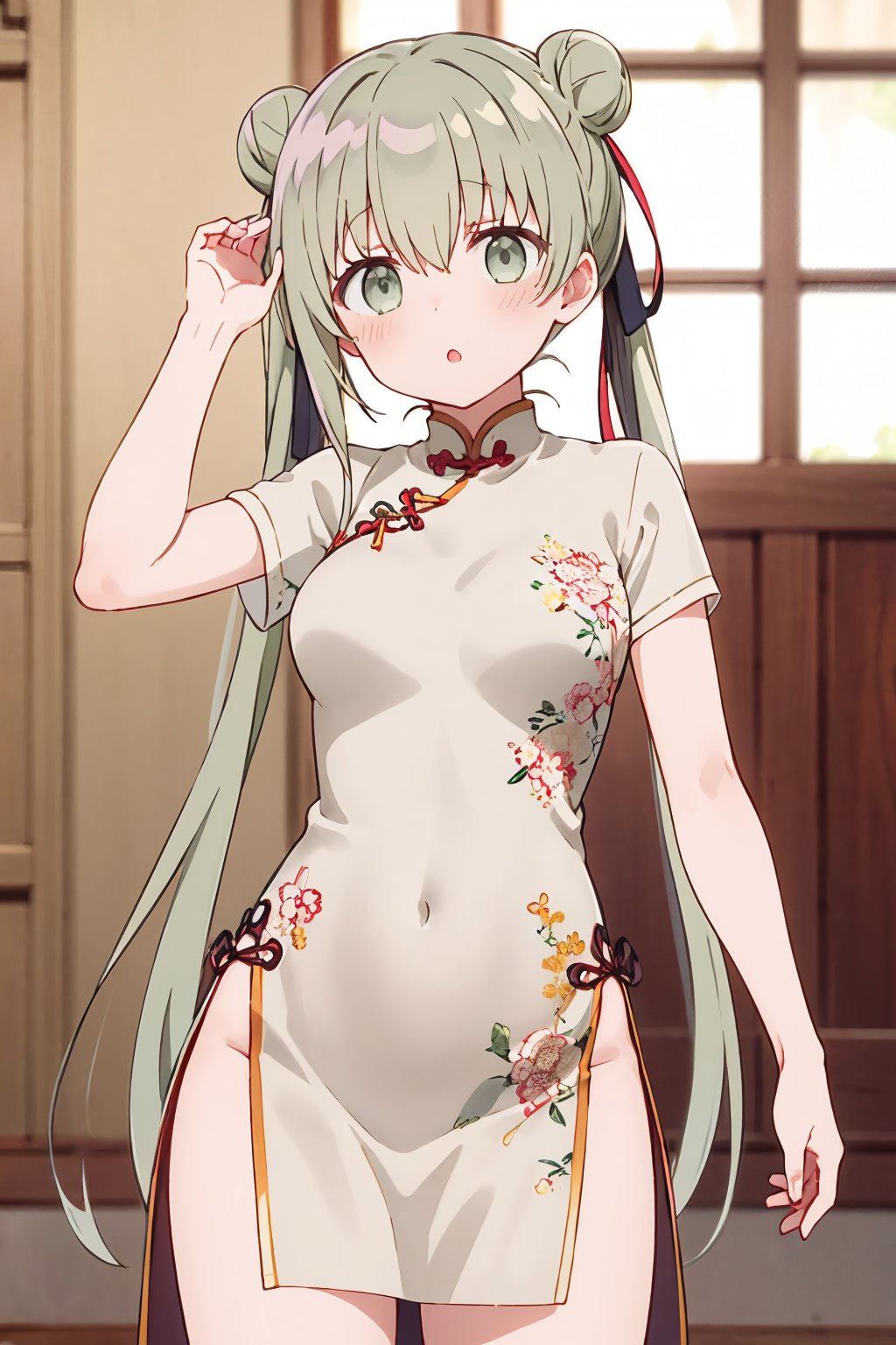 1girl, cecilia \(shiro seijo to kuro bokushi\), anime screencap, solo, chinese clothes, china dress, double bun, green eyes, looking at viewer, short sleeves, eyebrows visible through hair, green hair, white dress, hair between eyes, medium breasts, parted lips, arm up, :o, floral print, cowboy shot, red ribbon, hair ribbon, hand up, blurry, blurry background, very long hair, side slit, standing, sleeveless dress, depth of field, sidelocks, dutch angle, contrapposto, pelvic curtain, bare arms, print dress, twintails, alternate hairstyle, leaning to the side, blush, floating hair, grey eyes<lora:cecilia_shiro_seijo_locon_v1:0.9>