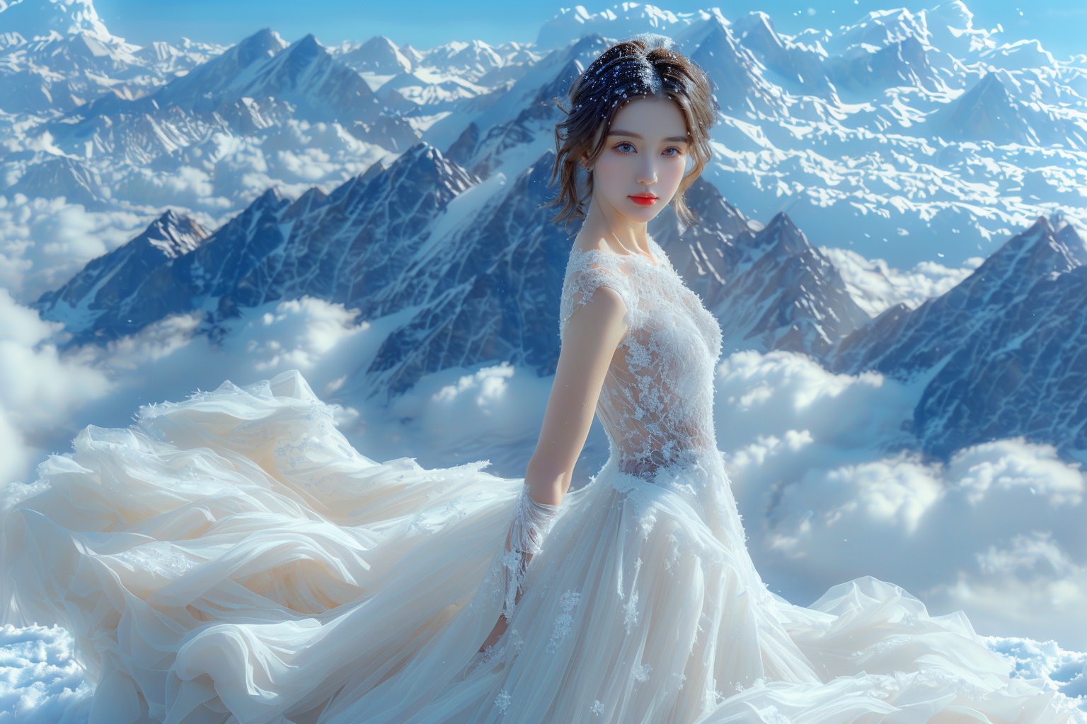 sdzs01,1girl,mountain,dress,solo,cloud,sky,white dress,black hair,realistic,looking at viewer,day,outdoors,snow,jewelry,blue sky,bare shoulders,brown hair,cloudy sky,scenery,<lora:sdzs1.5:0.8>,