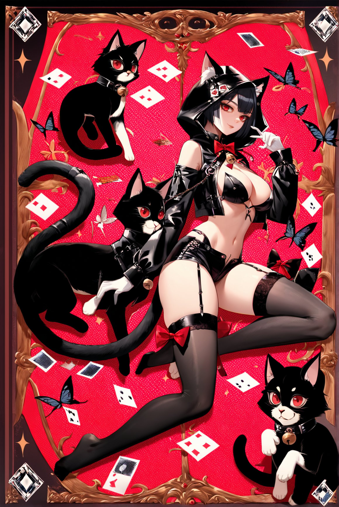 score_9, score_8_up, score_7_up, score_6_up, <lora:jijia-pony-Tanger-000006:0.8>, jijia, 2d, anime, 1girl, tail ornament, black hair, tail, cat, cat tail, black cat, butterfly, animal ears, red eyes, bug, cat ears, barefoot, bow, card, tail bell, looking at viewer, solo, bell, playing card, tail bow, thighhighs, breasts, short hair, red bow, gloves, garter straps, shorts, cat girl, bangs, hood up, full body, animal, hood, tail ribbon, jingle bell, ears through headwear, black thighhighs, cleavage, midriff, a picture of a woman with cats on a playing card, a girl in underwear surrounded by black cats, 