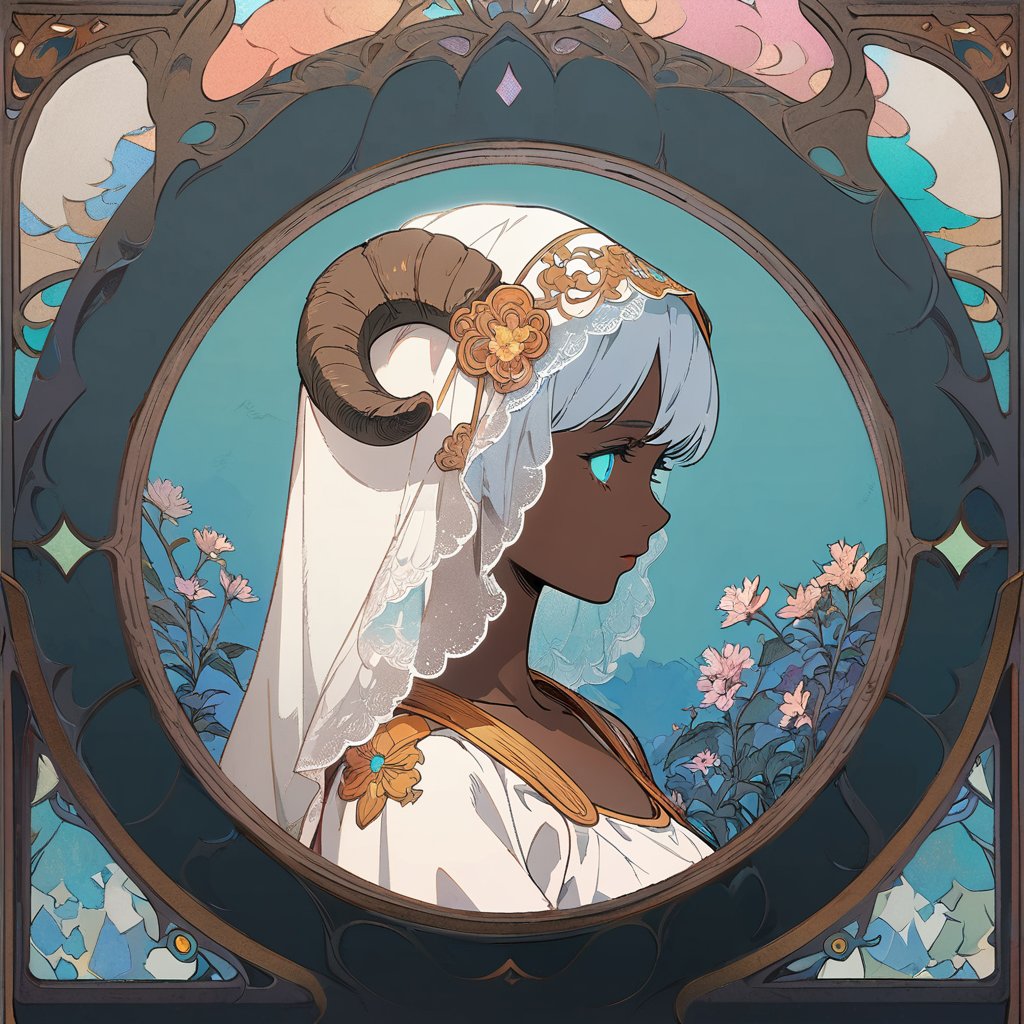 ((best quality)),((masterpiece)),(detailed),highly detailed skin,(ultra-detailed),sharp focus,HDR,8K resolution,(beautiful detailed eyes),(good hands),a woman in a white dress with a veil,pastel background,(art nouveau),official art,(flat color:1.3),(flat image:1.4),(white deer horns),black outline,