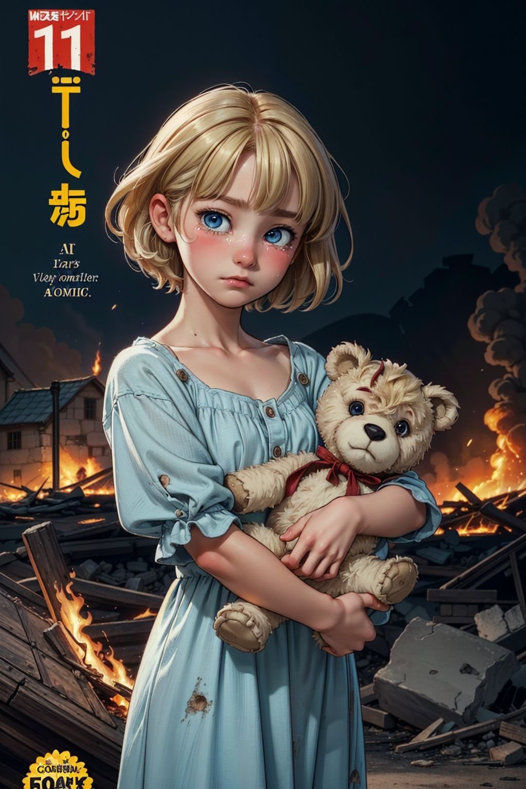 (medieval village:1.4), (war, destruction, flames and ruins in the background), sadness, tears, emotional, dramatic, anime, comic, masterpiece, detailed, high quality, sharpness, 8k, (comic cover style:1.4)blond blue-eyed 10 years old child girl crying, standing, looking at viewer, wearing a dirty old long dress, holding a simple teddy bear made of cloth, her hair is messy, lonely, dirty, nasty, golden short blonde hair