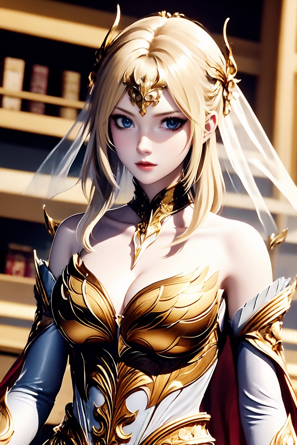 1girl, solo, blonde hair, upper body, blue eyes, long hair, breasts, bare shoulders, looking at viewer, hair ornament, white dress, veil, dress, detached collar, cleavage, closed mouth, large breasts, blurry background, detached sleeves, collarbone, armored dress, armor, medium breasts, blurry