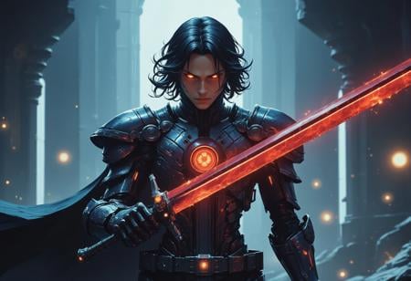 Cinematic shot of an evil male cyborg, short black hair, robotic arms and body, red glowing core in chest,  holding a red glowing sword in an epic attack pose, standing inside a futuristic spaceship, cinematic glow, anime style, amazing details, hkstyle, anime style