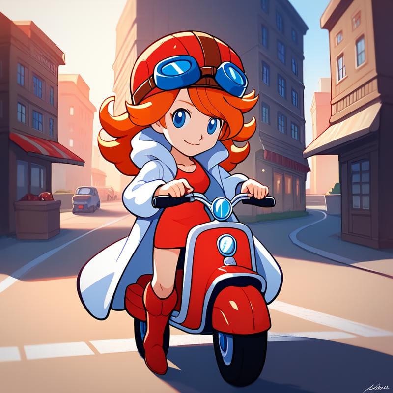 score_9, score_8_up, score_7_up, 1girl, solo, uncensored,  <lora:WarioWareMonaXL_v1.1:1> wariowaremona,  smile, closed mouth, blue eyes, long orange hair, aviator hat, goggles on headwear, riding scooter, red scooter, short red dress, red knee boots, white coat, outdoors, road, street, city, driving