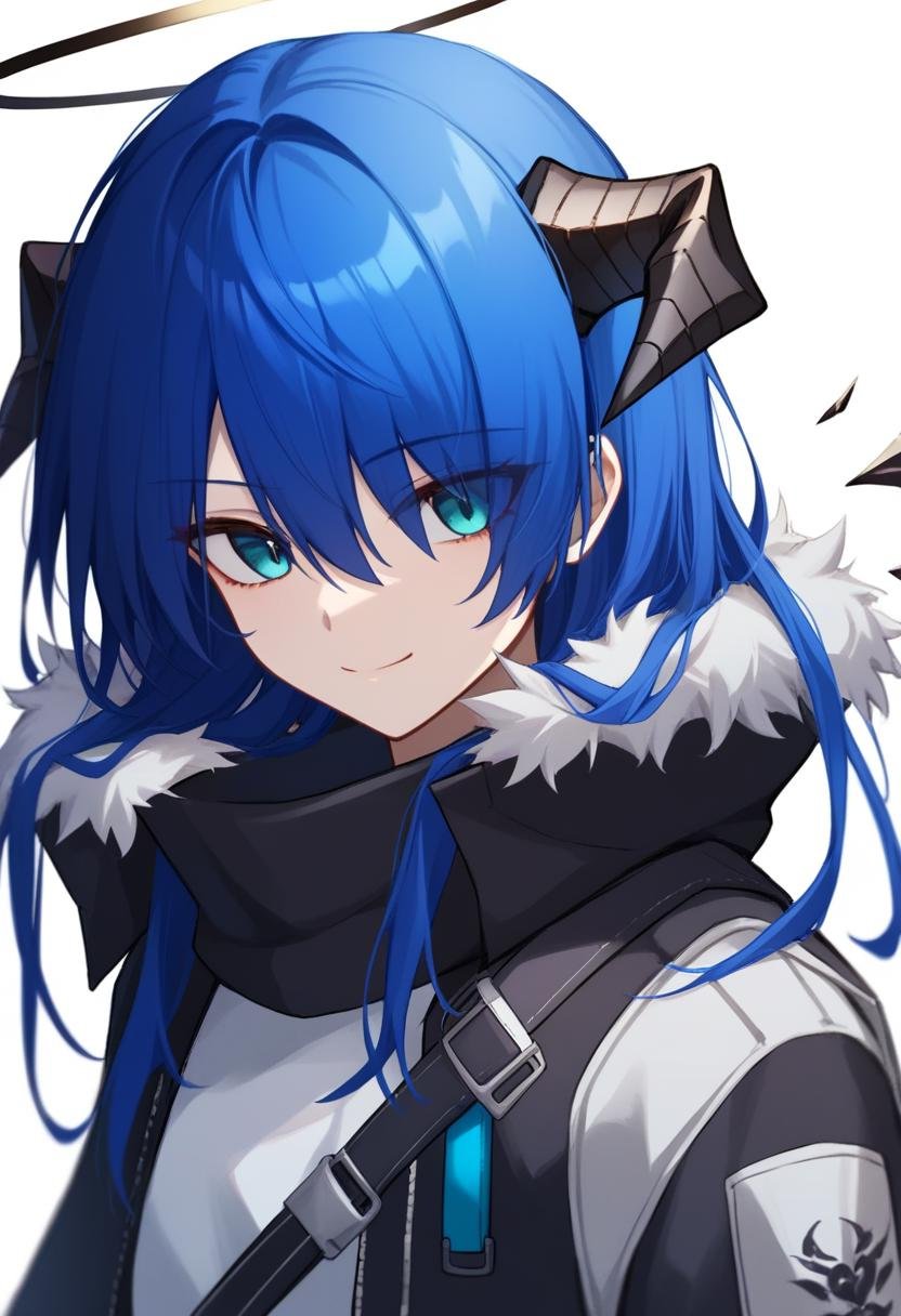 score_9,score_8_up,score_7_up,<lora:earknights_all:1>,1girl, mostima_\(arknights\), demon_horns, solo, upper_body, smile, blue_hair, eyes_visible_through_hair, long_hair, halo, highres, aqua_eyes, bad_id, bad_twitter_id, black_jacket, closed_mouth, commentary, fallen_angel, fur-trimmed_hood, hair_between_eyes, hood_down, long_sleeves, open_jacket, white_background, white_shirt