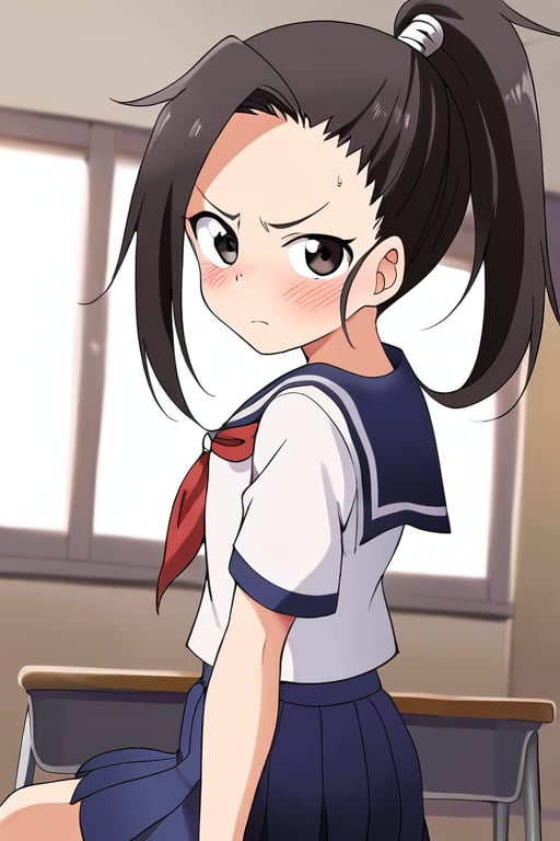 <lora:kunoichitsubaki:0.7> kunoichitsubaki, 1girl, solo, looking at viewer, from side, annoyed, ponytail, serafuku, red neckerchief, blue skirt, pleated skirt, blush, classroom, sitting, 8k, highly detailed