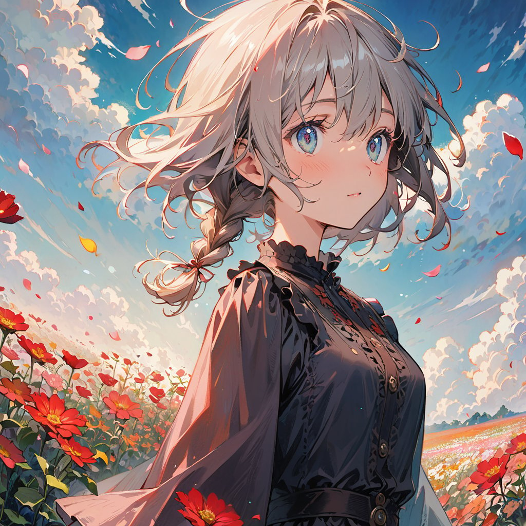 masutepiece, Best Quality,Illustration, Wallpaper, Ultra Detail, Absurd beauty、1 beautiful girl、 (Medium Short-Cut Hair、short braided hair), Beautiful ultra-detailed eyes , Hair fluttering in the wind、Keep your head small、flower  field、great outdoors、Landscape of the flower garden