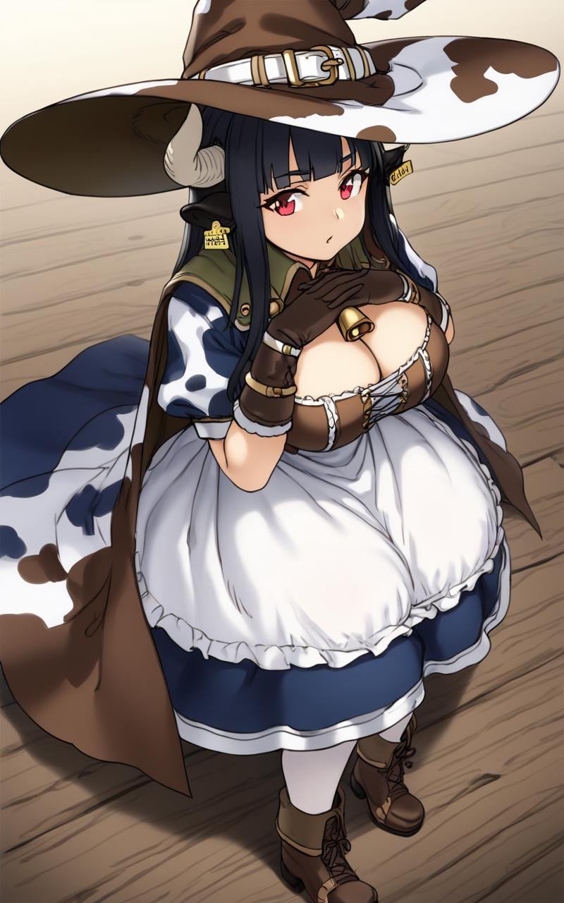 <lora:sdxl-houtengeki-cowmage-pony:0.7> 1girl, solo, houtengekiCowMage, cow ears, cow girl, ear tag, cow horns, black hair, long hair, blunt bangs, red eyes, huge breasts, skindentation +++ witch hat, brown gloves, cow print cape, cape and bell, white thighhighs, brown boots, galactic bracelet, Fluorescent Light, +++ Apologies, hands together, foot focus (focus sole of foot), looking at another, Birdfs Eye View, cinematic lighting, dirndl, white dress, puffy sleeves, brown leaser bustier, double-breasted, underbust, dark indigo corset, sky blue long skirt, white apron, wooden shoes, Overjoyed