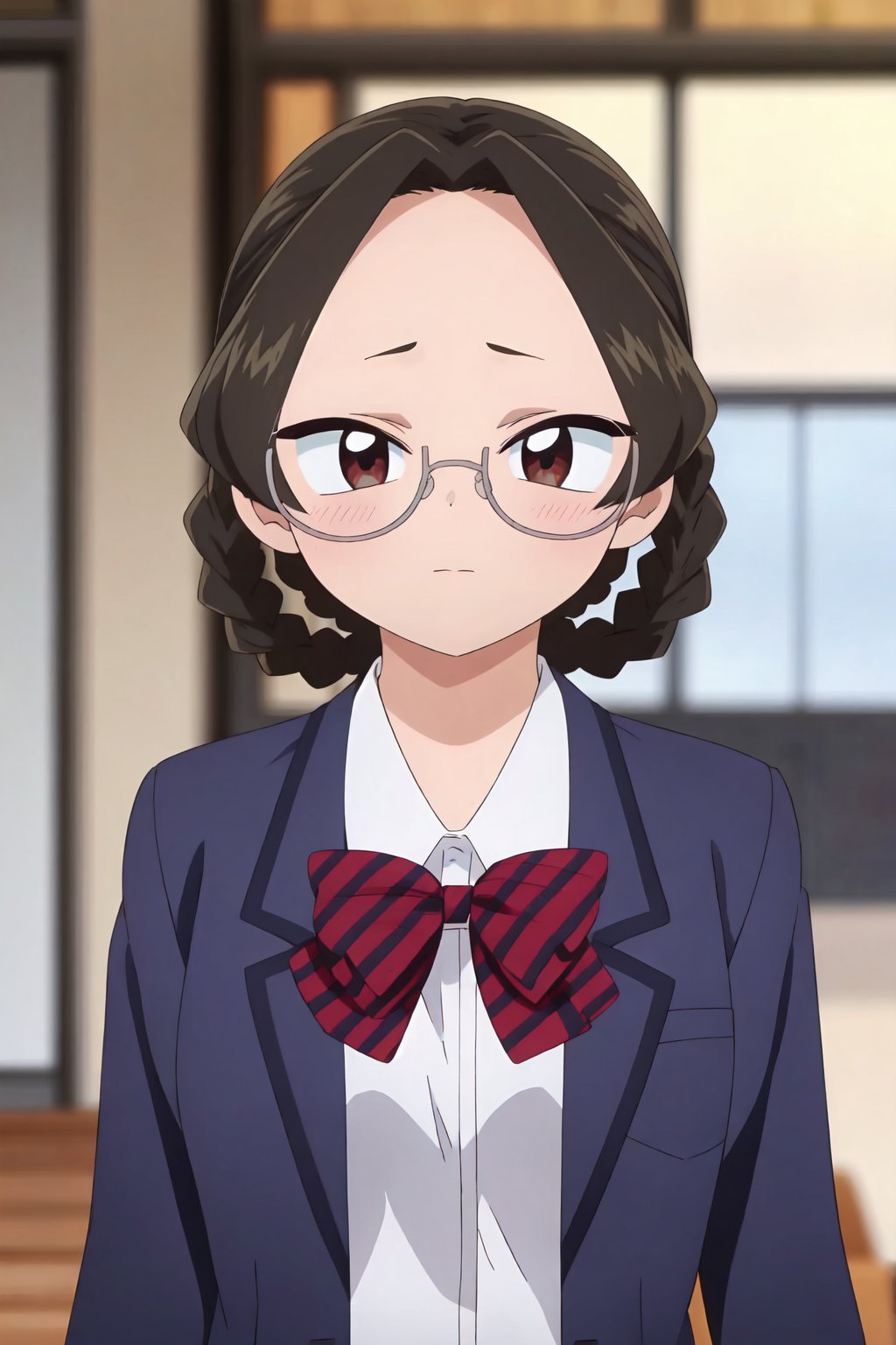 Mikuni Katou, (8k, HD), 1girl, solo, looking at viewer, blush, short hair, shirt, black hair, bow, school uniform, jacket, white shirt, upper body, braid, glasses, striped, bowtie, blurry, black eyes, red bow, twin braids, blurry background, blazer, blue jacket, semi-rimless eyewear, forehead, under-rim eyewear<lora:EMS-468290-EMS:0.800000>