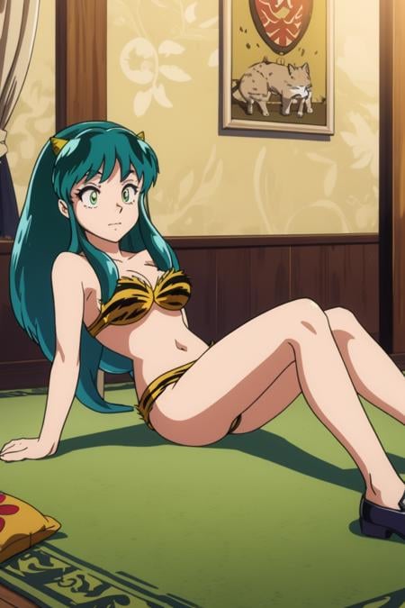 masterpiece, 8k,<lora:Urusei_Yatsura(2008) lum:0.7> lum, oni horns, Sitting on the floor with legs apart and leaning back, Cat Café