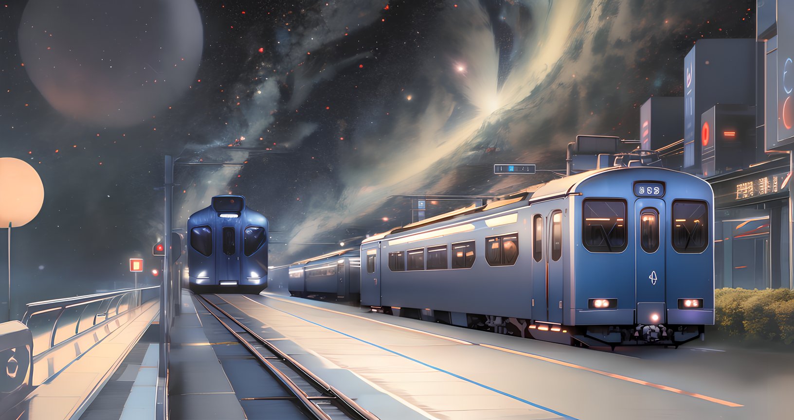 (high quality, masterpiece), eotw_lora, train, railway, outdoors, tree, night, night sky, starry sky, planet, <lora:Edge_World-08:1>