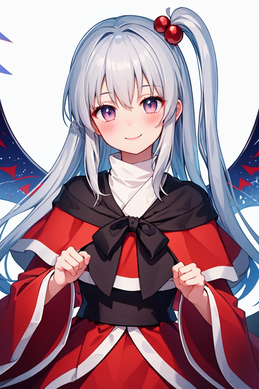 masterpiece,best quality, highly detailed, 1girl,hair bobbles,red capelet,red dress,shinki (touhou),solo,looking at viewer,long sleeves,simple background,smile,white background,wide sleeves,blush,closed mouth,upper body,<lora:shinki_(touhou):1>