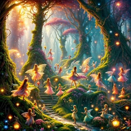 (masterpiece:1.2), (best quality,:1.2), 8k, HDR, ultra detailed, ((photorealistic)), professional light, cinematic lighting, fashion photography, ambient lighting, <lora:detail_slider_v4:2>, a group of fairies dancing on a clearing in a magical fantasy forest, feyfa, <lora:FeyAndFairies-10:1>, style-sylvamagic, epiCPhoto