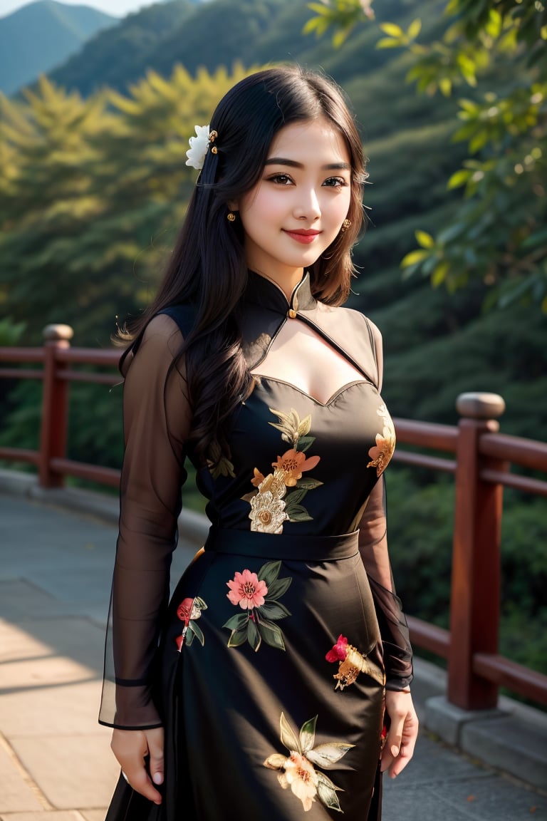 RAW photo,  face portrait photo of beautiful 26 y.o woman,  cute face,  wearing black dress,  happy face,  hard shadows,  cinematic shot,  dramatic lighting, Chinese girls, china dress with heart cutoutdetailed,  beautiful,  cute,  full body shot,  scenic view,  professional photo,  olive,  long china dress,  floral print,<lora:EMS-66160-EMS:1.000000>,<lora:EMS-77988-EMS:1.000000>