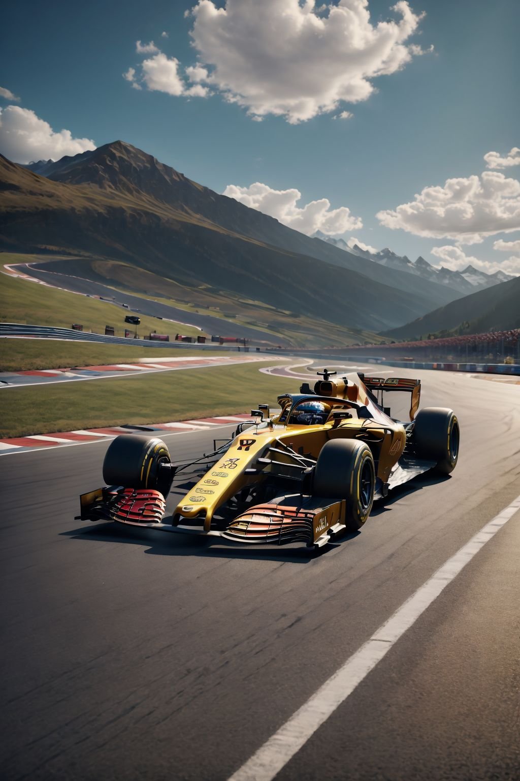 ultra realistic 8k cg,picture-perfect face,flawless,clean,masterpiece,professional artwork,famous artwork,cinematic lighting,cinematic bloom,F1 racing car,outdoors,sky,day,cloud,no humans,shadow,ground vehicle,scenery,motor vehicle,mountain,car,road,vehicle focus,mountainous horizon,