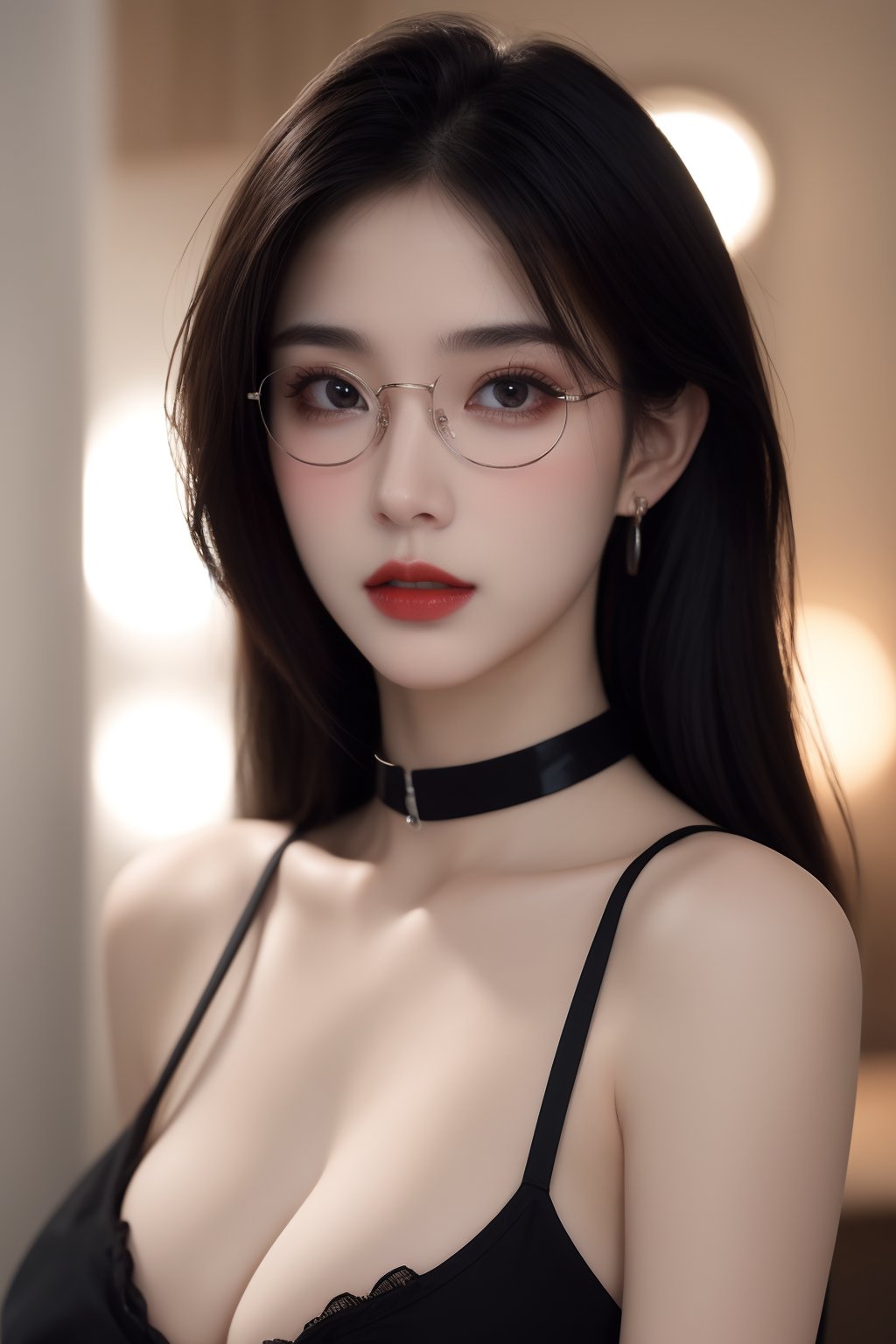 1girl, black choker, black hair, blurry, blurry background, blurry foreground, breasts, choker, cleavage, collarbone, depth of field, earrings, glasses, jewelry, large breasts, lips, long hair, looking at viewer, red lips, solo focus <lora:御姐:1>