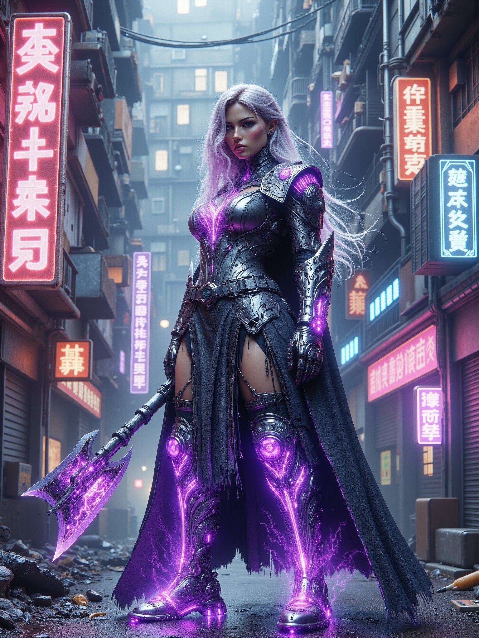 A female vikingpunk paladin in futuristic cyberpunk chrome plate armour holding a long axe, purple energy crackling around her and her armor, standing in a cyberpunk slum, apartment, her long blond he floats in the air,holographic advertisment, neon sign, cyberlegs,<lora:fluxVikingPunk:1> <lora:FantasyWizardWitchesFlux:0.6> <lora:Neon_Cyberpunk_Detailer_FLUX_multi_trigger:0.8> mad-cbrpnk-dtlr, 